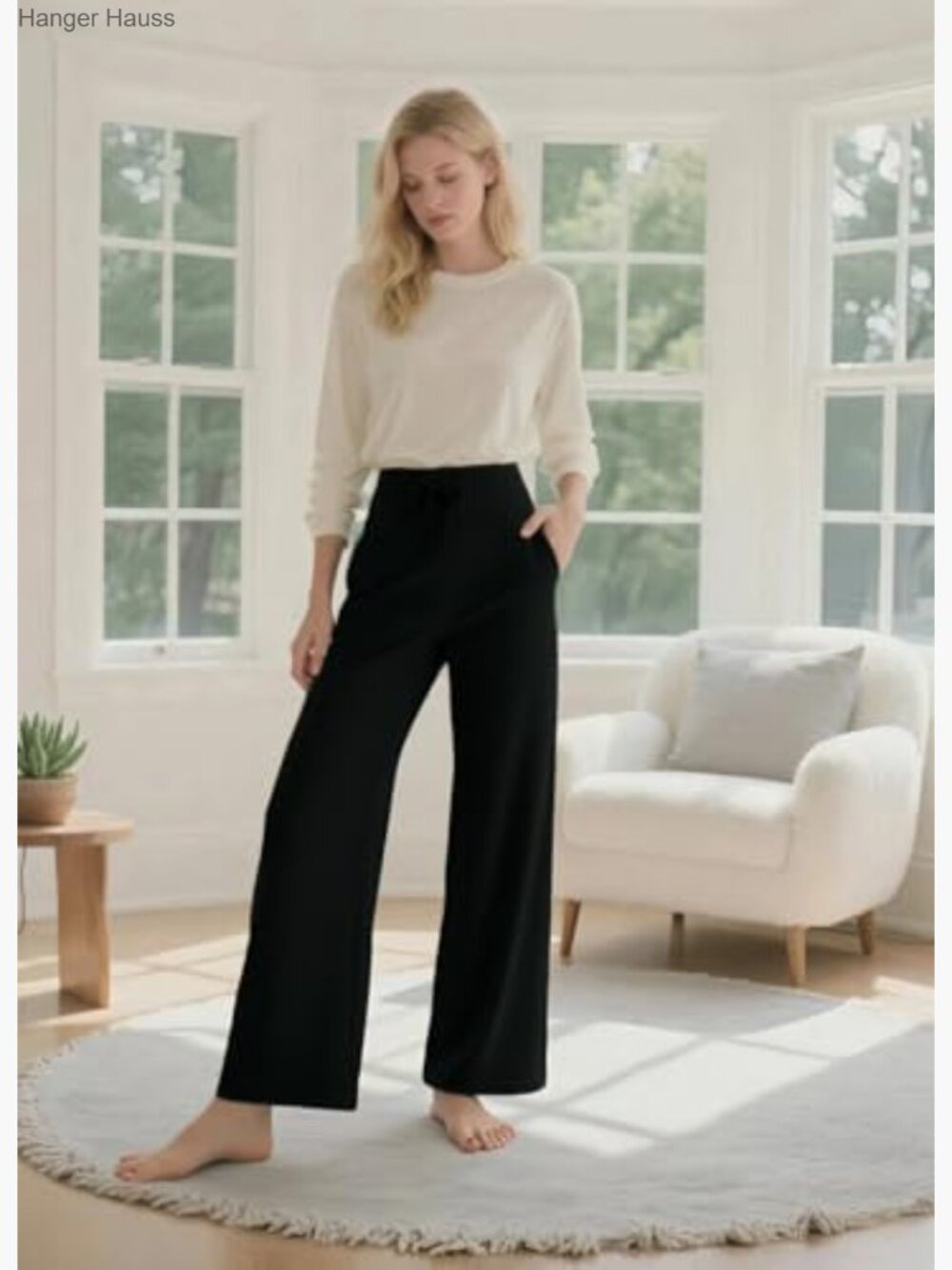 Fleece Lined Wide Leg Sweatpants Petite Thermal Yoga Pants with Pockets - Picture 2 of 7